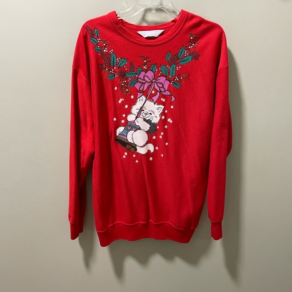 Blair Tops Vintage Blair Christmas Kitty Cat Crewneck Sweatshirt